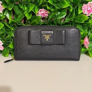 Prada Black Saffiano Leather Bow Long Zip Around Wallet